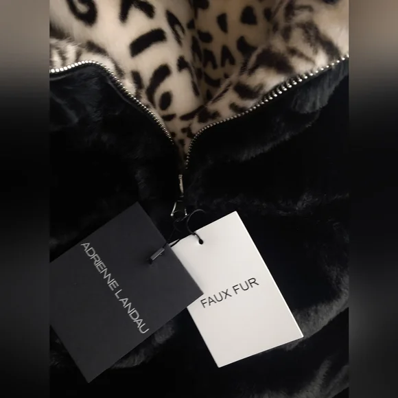 ADRIENNE LANDAU Reversible Faux Fur Hooded Vest Black / Animal $295 - Picture 12 of 15